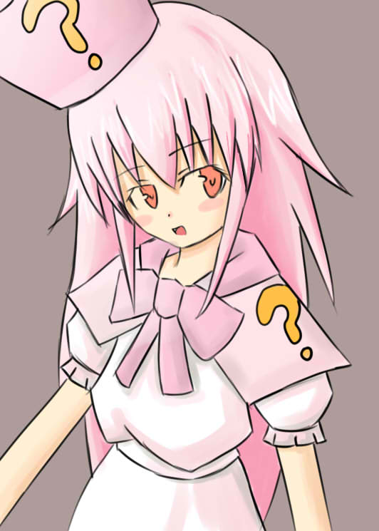 hatena yousei, benesse, 1girl, ?, female focus, hat, pink hair, pink hat, solo