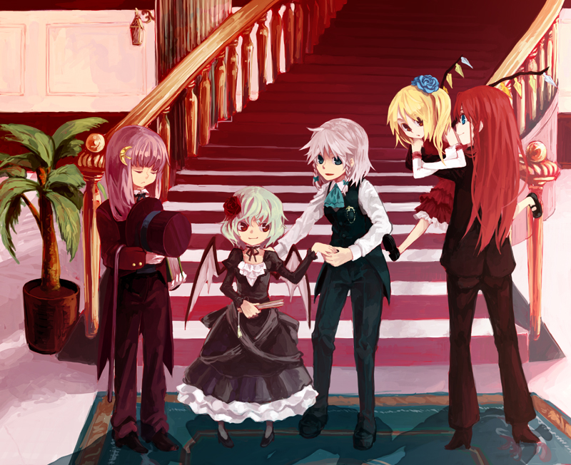 takishima asaka, flandre scarlet, hong meiling, izayoi sakuya, patchouli knowledge, remilia scarlet, embodiment of scarlet devil, touhou, silver hair, 5girls, alternate costume, bat wings, bespectacled, blonde hair, blue flower, blue hair, blue rose, braid, butler, cane, crossdressing (ftm), dress, female butler, female focus, flower, folded fan, folding fan, formal clothes, frills, glasses, hair flower, hair ornament, hand fan, hat, long hair, monocle, multiple girls, no headwear, one side up, pant suit, pants, plant, purple hair, red flower, red hair, red rose, rose, short hair, side ponytail, stairs, suit, top hat, twin braids, wings