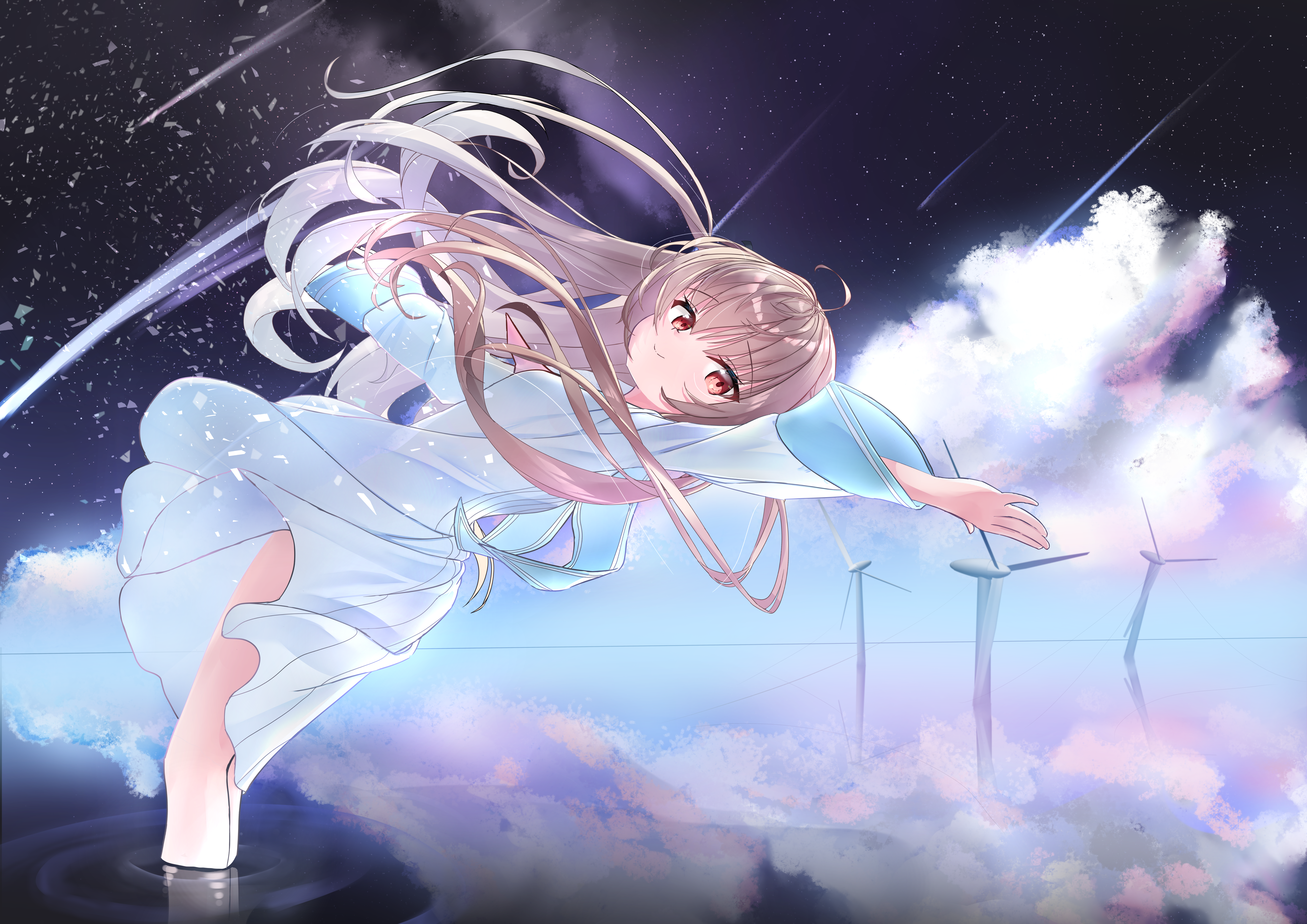 miraikanai, atri, atri-my dear moments-, absurdres, commentary, highres, 1girl, ahoge, backlighting, blue sailor collar, brown hair, closed mouth, cloud, day and night, dress, feet out of frame, floating clothes, floating hair, from side, full moon, hair between eyes, happy, leaning back, long hair, long sleeves, looking at viewer, moon, moonlight, night, night sky, open hands, outdoors, outstretched arms, red eyes, ripples, sailor collar, sailor dress, shooting star, sky, smile, soaking feet, solo, split mouth, standing, star (sky), starry sky, two side up, very long hair, water, white dress, wide sleeves