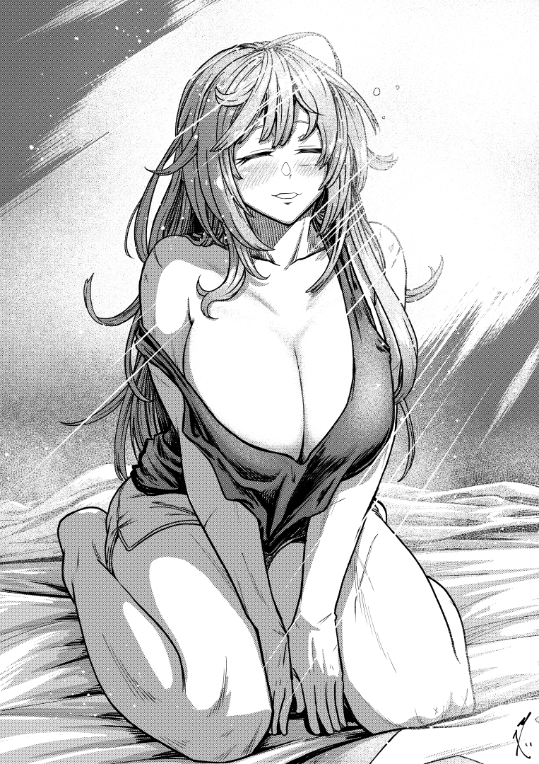 koyubi (littlefinger1988), hong meiling, touhou, 1girl, barefoot, blush, breasts, cleavage, closed eyes, full body, greyscale, large breasts, long hair, messy hair, monochrome, seiza, shirt slip, shorts, sitting, solo