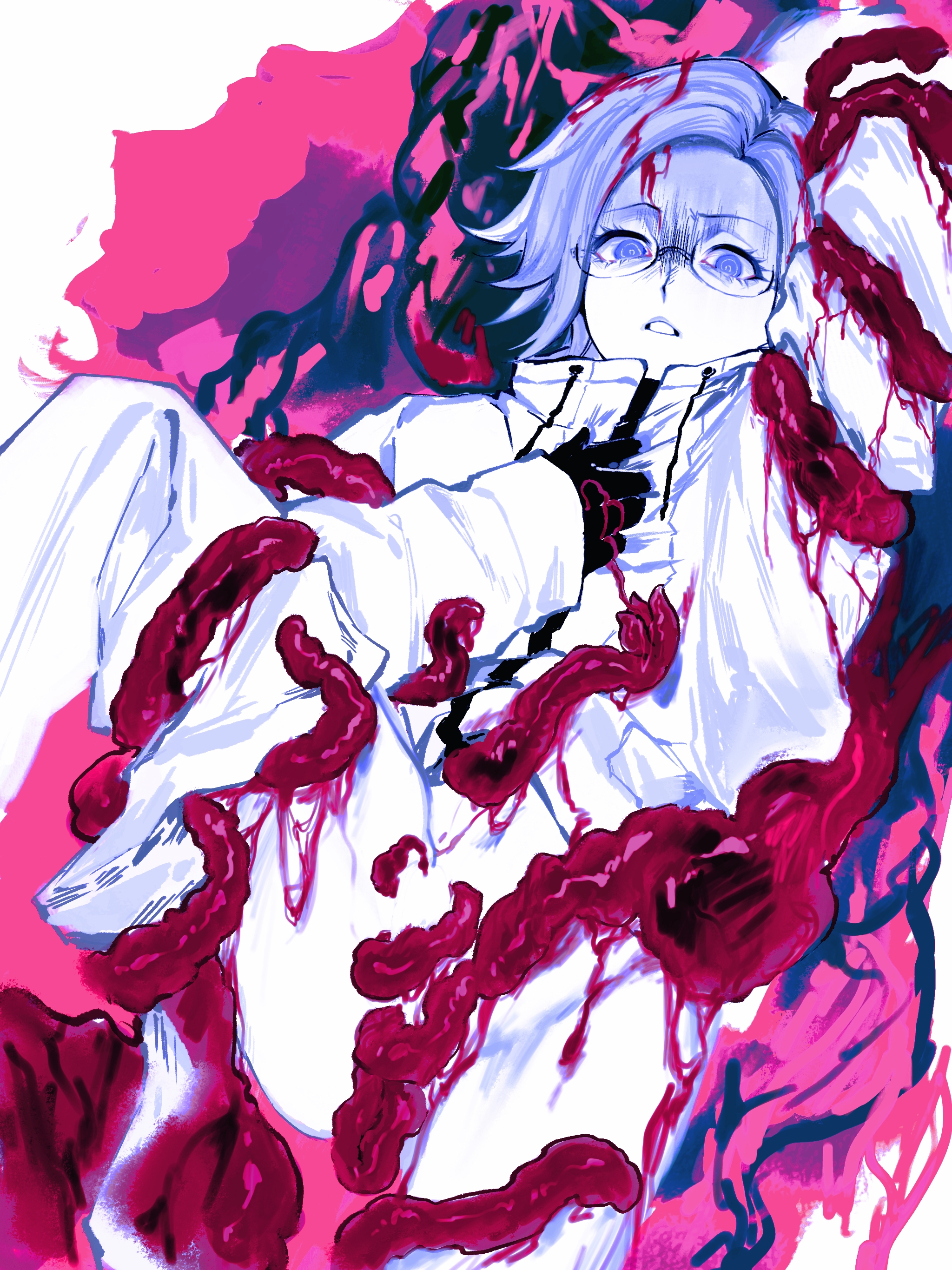 aotsuki eito, the hundred line -last defense academy-, absurdres, chinese commentary, commentary request, highres, 1boy, arm up, atgezi, black gloves, disgust, glasses, gloves, grey hair, hand on own chest, jacket, looking at viewer, male focus, pants, purple eyes, restrained, shaded face, short hair, solo, tentacles, tentacles on male, upper body, white jacket, white pants