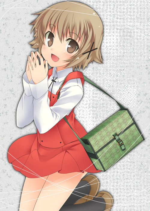 mizuki makoto, yuno (hidamari sketch), hidamari sketch, 00s, 1girl, :d, black socks, brown eyes, brown hair, dress, female focus, from above, hair ornament, kneehighs, loafers, long sleeves, looking at viewer, looking back, open mouth, red dress, school uniform, shoes, smile, socks, solo, x hair ornament, yamabuki high school uniform