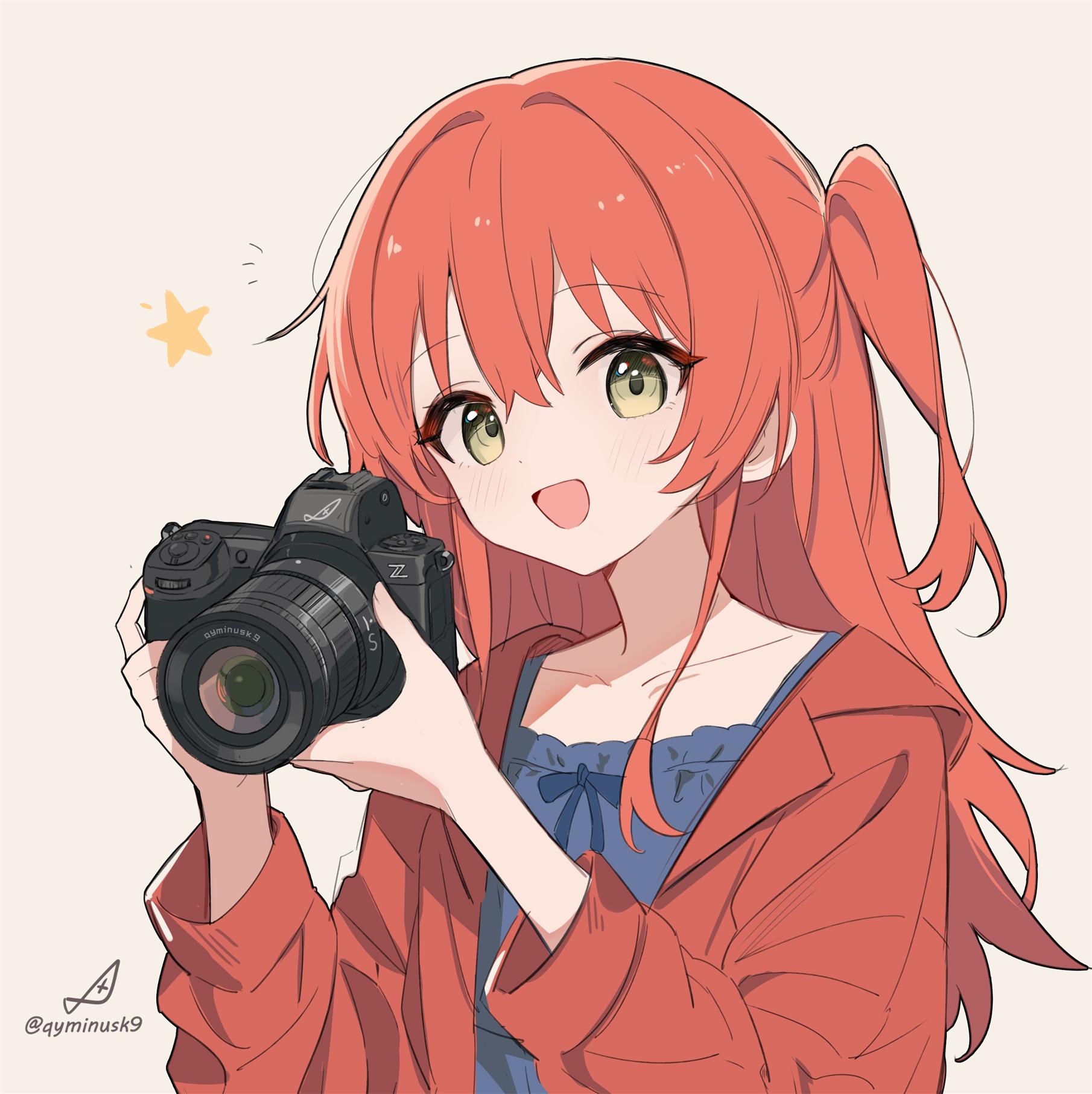 minusk9, kita ikuyo, bocchi the rock!, chinese commentary, commentary request, highres, 1girl, blue shirt, blush, camera, hair between eyes, holding, holding camera, jacket, long hair, one eye closed, open clothes, open jacket, open mouth, red hair, red jacket, shirt, sidelocks, simple background, solo, star (symbol), upper body, white background, yellow eyes