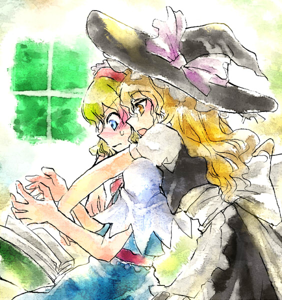 kinkirara, queen qko, alice margatroid, kirisame marisa, touhou, 2girls, apron, black dress, blonde hair, blue dress, blush, capelet, dress, female focus, from side, frown, hairband, hat, indoors, multiple girls, profile, puffy short sleeves, puffy sleeves, short hair, short sleeves, upper body, waist apron, wavy hair, wavy mouth, window, witch hat, yuri