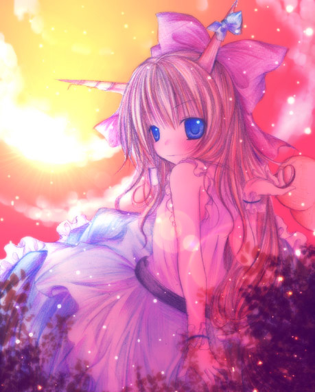 kasuga sunao, ibuki suika, touhou, 1girl, barefoot, blonde hair, blue eyes, blue skirt, blush, bow, female focus, from behind, hair bow, horns, looking at viewer, looking back, oni, red bow, shirt, sitting, skirt, sleeveless, sleeveless shirt, solo, white shirt