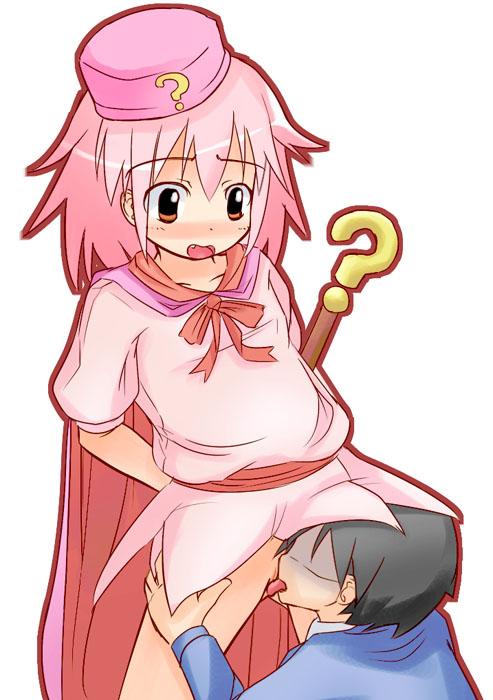 hokke no hiraki, hatena yousei, benesse, 1boy, 1girl, black hair, cape, cunnilingus, fang, hat, hetero, kodomo doushi, licking, loli, long hair, no panties, open mouth, oral, pink cape, pink hair, pink hat, pussy, red eyes, shota, staff, standing, standing cunnilingus