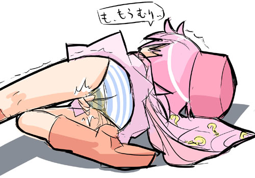 hokke no hiraki, hatena yousei, benesse, lowres, 1girl, boots, female focus, female masturbation, hat, loli, lying, masturbation, on side, panties, pee, peeing, peeing self, pink hat, solo, striped clothes, striped panties, trembling, underwear, wet, wet clothes, wet panties