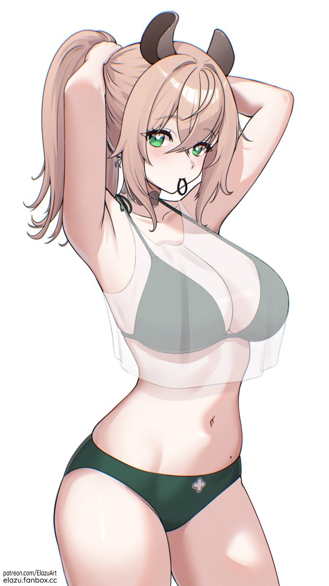 elazu, nimi nightmare, nimi nightmare (lifeguard), indie virtual youtuber, highres, 1girl, animal ears, armpits, arms behind head, arms up, bikini, blonde hair, breasts, cleavage, crop top, crossed bangs, double-parted bangs, green bikini, green eyes, hair between eyes, hair tie in mouth, large breasts, looking at viewer, medium hair, mouth hold, navel, official alternate costume, ponytail, see-through tank top, simple background, solo, stomach, swimsuit, tank top, tapir ears, tapir girl, tying hair, virtual youtuber, white background, white tank top