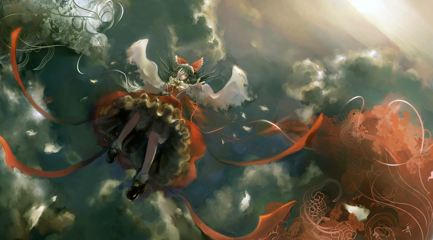 archlich, hakurei reimu, touhou, 1girl, covering face, covering privates, falling, female focus, japanese clothes, miko, outstretched arm, outstretched hand, reaching, sky, solo