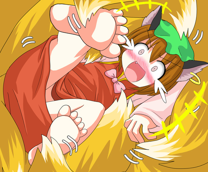des (namaasi), chen, yakumo ran, touhou, 1girl, animal ears, barefoot, blush, brown hair, cat ears, cat girl, cat tail, earrings, fang, feet, female focus, fox tail, jewelry, multiple tails, open mouth, soles, solo focus, tail, tail rape, tears, tickle torture, tickling, tickling feet, toes