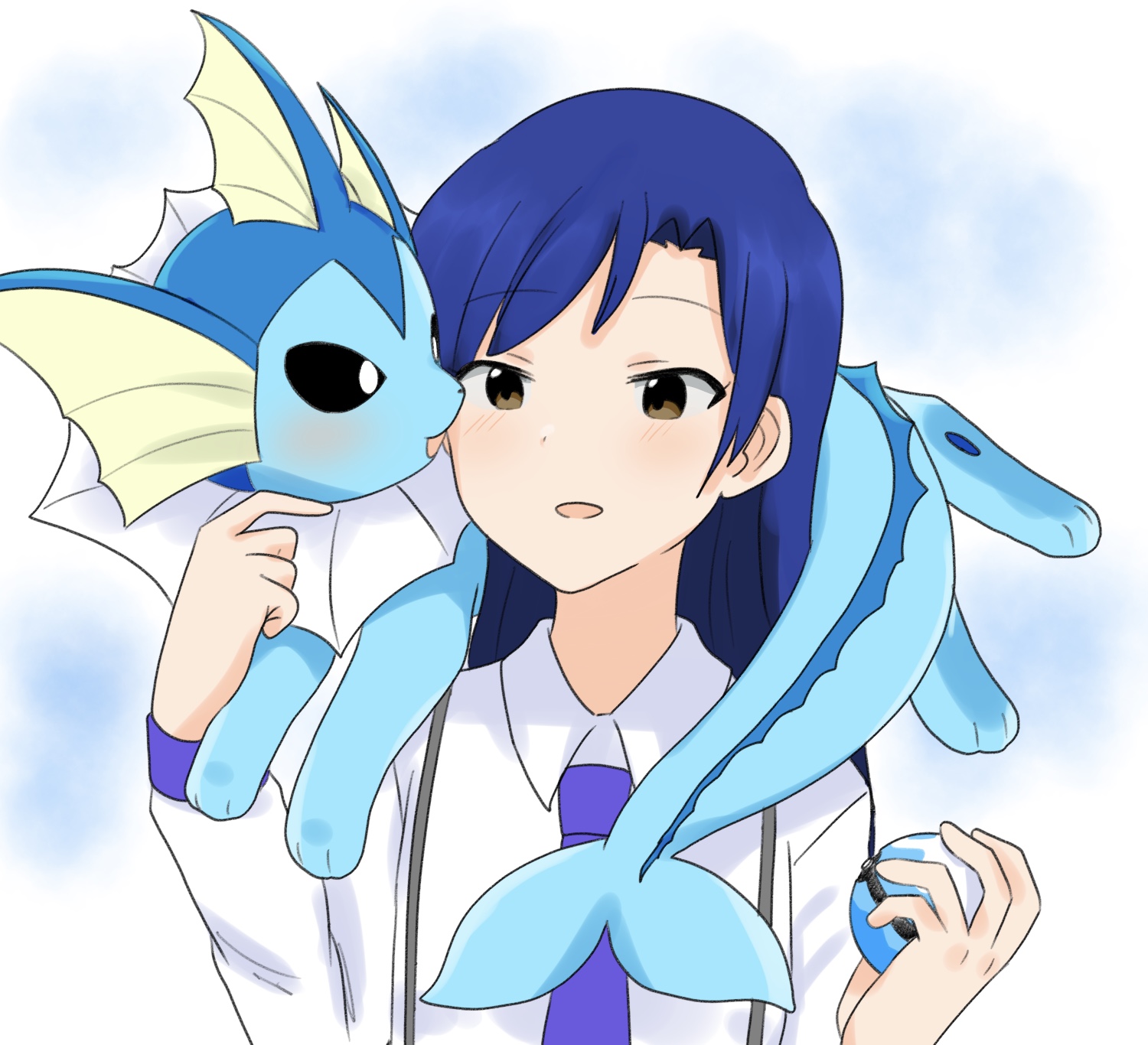 hutaba, kisaragi chihaya, vaporeon, idolmaster, idolmaster (classic), nintendo, pokemon, highres, 1girl, black sclera, blue hair, brown eyes, colored sclera, fins, gen 1 pokemon, head fins, holding, holding poke ball, light blush, long hair, poke ball, pokemon (creature), solo, upper body