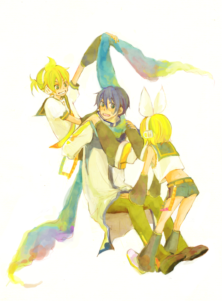 den, kagamine len, kagamine rin, kaito (vocaloid), vocaloid, 1girl, 2boys, black leg warmers, blonde hair, blue eyes, blue hair, blue scarf, blush, bow, bow headband, coat, detached sleeves, grin, hair ornament, hairclip, headphones, headset, leg warmers, long sleeves, multiple boys, neckerchief, necktie, open mouth, ponytail, puffy sleeves, scarf, short hair, short ponytail, shorts, sleeveless, smile, sweatdrop, white coat, yellow nails, yellow neckerchief, yellow necktie