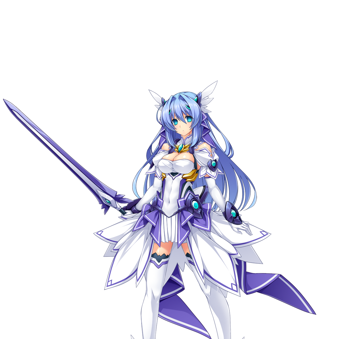 inoino, katsuragi marina, kouyoku senki exs-tia, game cg, large variant set, non-web source, official art, variant set, 1girl, aqua eyes, bare shoulders, blue eyes, blue hair, breasts, celestia (exs-tia), chest jewel, cleavage, covered navel, dress, elbow gloves, gloves, hair ornament, head wings, holding, holding sword, holding weapon, large breasts, long hair, looking at viewer, solo, standing, sword, thighhighs, transparent background, weapon, white gloves, white thighhighs, wings, zettai ryouiki