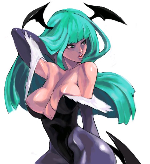 sochie, morrigan aensland, capcom, darkstalkers, 1girl, adjusting hair, aqua eyes, bare shoulders, breasts, cleavage, demon girl, elbow gloves, female focus, gloves, head wings, large breasts, long hair, pantyhose, solo, vampire, wings