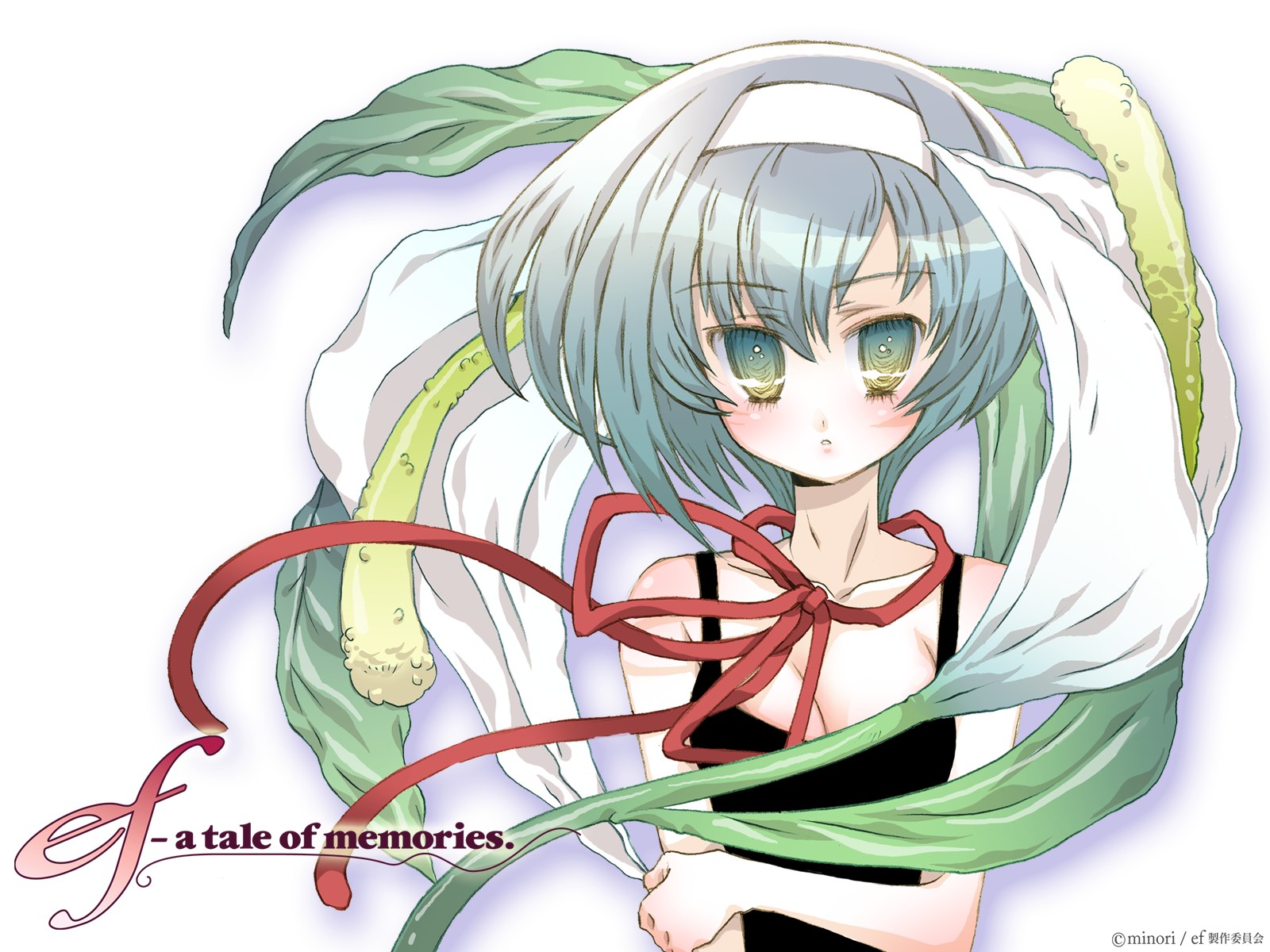 shindou kei (ef), ef (visual novel), highres, 00s, 1girl, :o, bare shoulders, blush, female focus, flower, green eyes, green hair, hairband, looking at viewer, matching hair/eyes, red ribbon, ribbon, short hair, solo, upper body