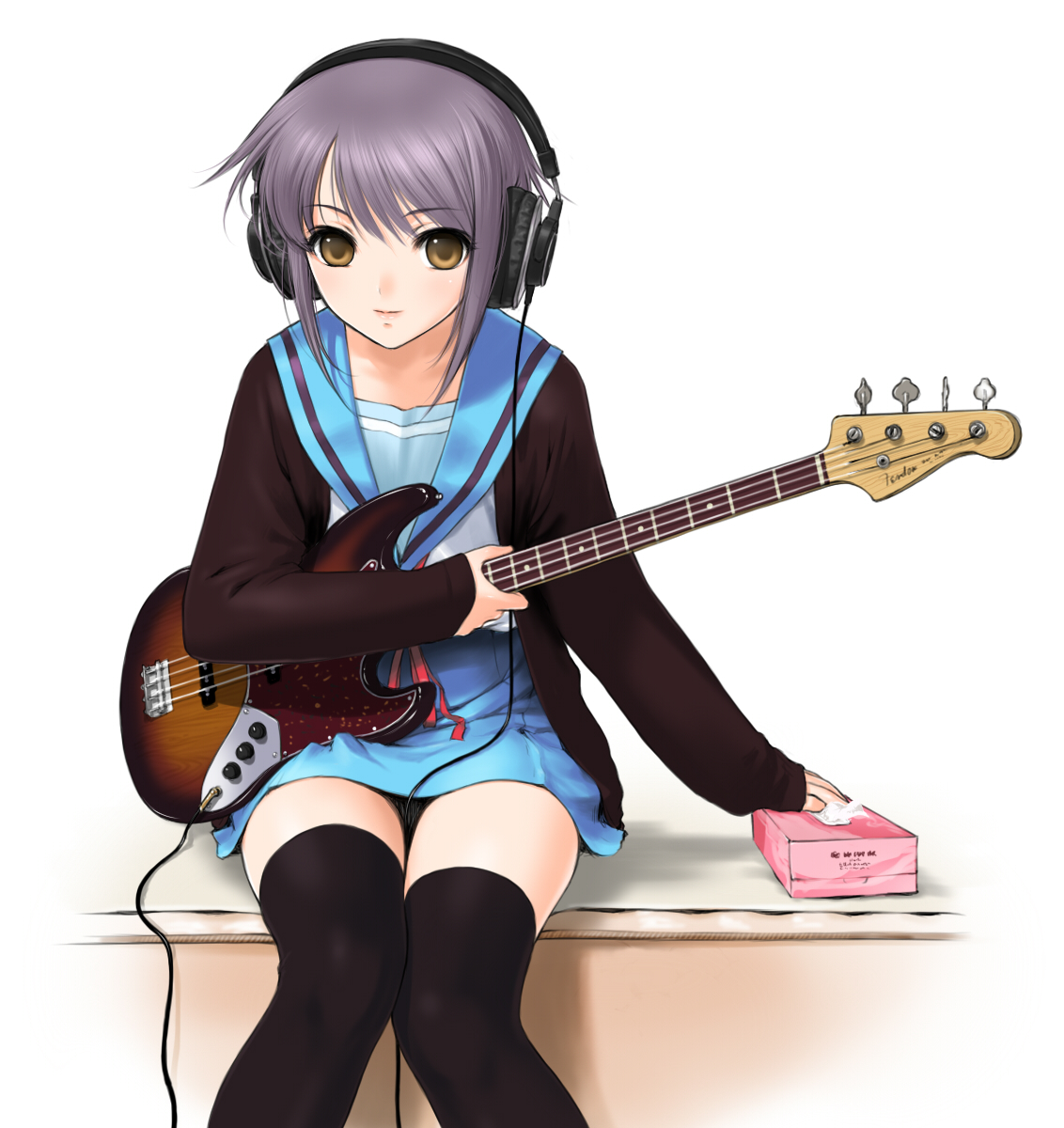 sano toshihide, nagato yuki, tissue princess, suzumiya haruhi no yuuutsu, silver hair, bad id, bad pixiv id, highres, 00s, 1girl, bass guitar, brown eyes, cardigan, female focus, guitar, headphones, instrument, panties, pantyshot, purple hair, school uniform, serafuku, short hair, solo, thighhighs, tissue, tissue box, underwear, yellow eyes, zettai ryouiki