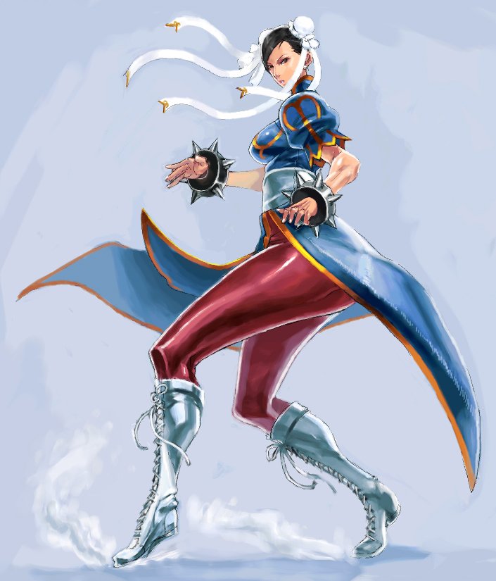 sochie, chun-li, capcom, street fighter, 1girl, black hair, boots, bracelet, bun cover, china dress, chinese clothes, double bun, dress, earrings, female focus, hair bun, jewelry, pantyhose, pelvic curtain, ribbon, solo, spiked bracelet, spikes