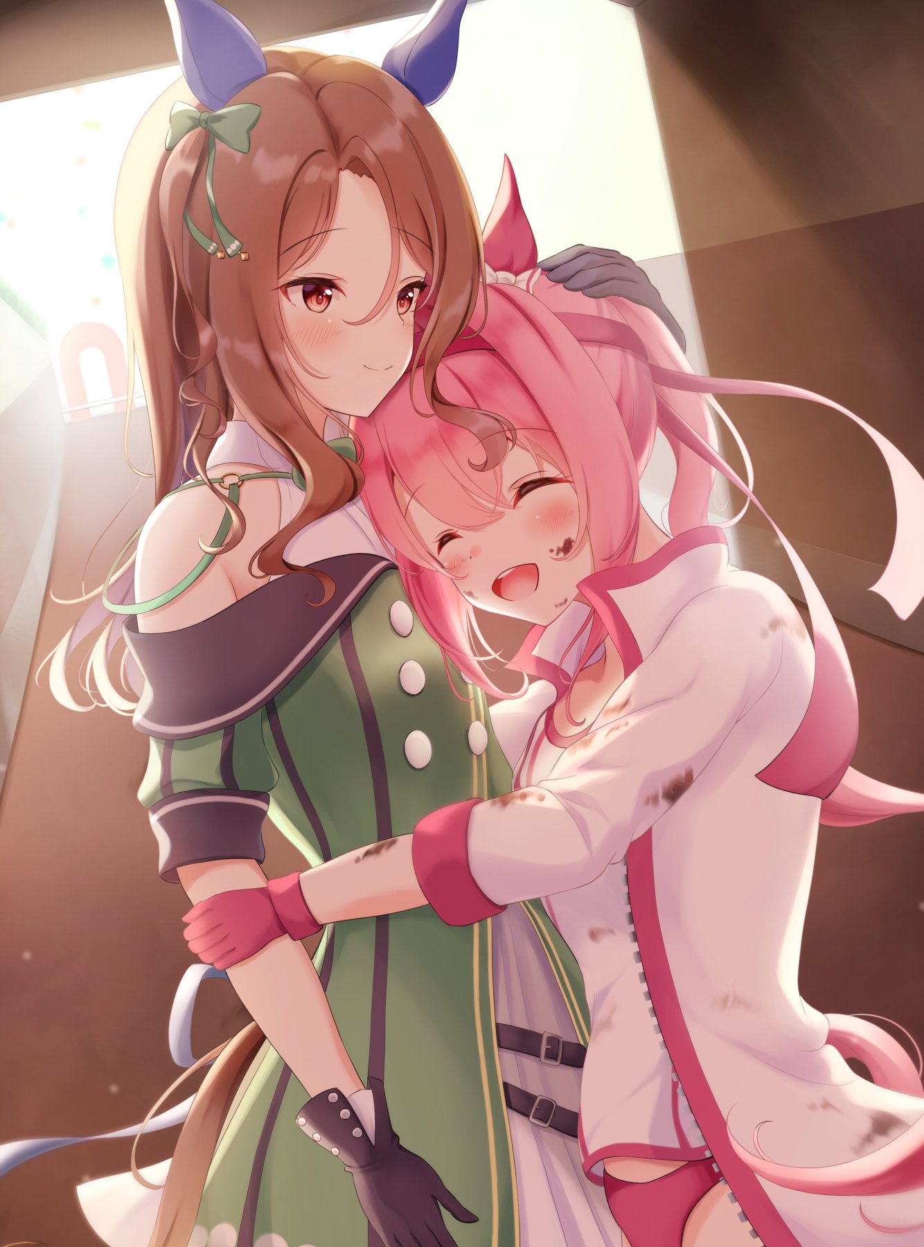 michizane sgawl, haru urara (umamusume), king halo (umamusume), umamusume, highres, 2girls, animal ears, bare shoulders, black gloves, blush, bow, breasts, brown hair, buruma, closed eyes, closed mouth, dirt, dirty, dirty clothes, dirty face, dress, ear bow, ear covers, ear ribbon, gloves, green bow, green dress, hairband, haru urara (bestest prize) (umamusume), headband, horse ears, horse girl, horse tail, hug, jacket, king halo (king of emeralds) (umamusume), long hair, multiple girls, open clothes, open jacket, open mouth, pink buruma, pink gloves, pink hair, pink headband, ponytail, red buruma, red eyes, red headband, shirt, smile, tail, teeth, upper teeth only, white jacket, white shirt