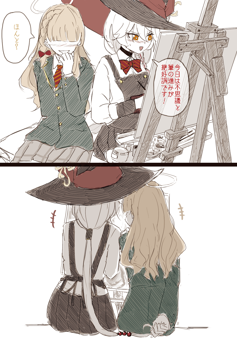 fantomyu, eri (blue archive), blue archive, commentary request, highres, translation request, 2girls, apron, black apron, blazer, blonde hair, blunt bangs, blush, bow, bowtie, dress shirt, easel, faceless, faceless female, flustered, halo, hat, holding, holding paintbrush, jacket, long hair, multiple girls, necktie, paintbrush, painting (action), playing with another's hair, red bow, red bowtie, shirt, very long hair, white hair, white shirt, wildhunt art academy student (ar) (blue archive), witch hat, yuri