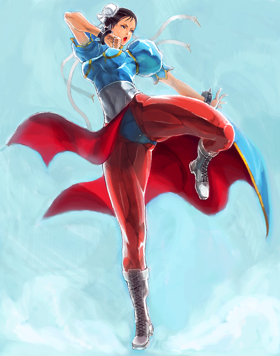 sochie, chun-li, capcom, street fighter, street fighter ii (series), 1990s (style), 1girl, blush, boots, breasts, brown eyes, brown hair, bun cover, china dress, chinese clothes, double bun, dress, female focus, high kick, kicking, large breasts, legs, muscular, muscular female, panties, pantyhose, pantyshot, pelvic curtain, sash, short hair, sketch, solo, thick thighs, thighs, underwear