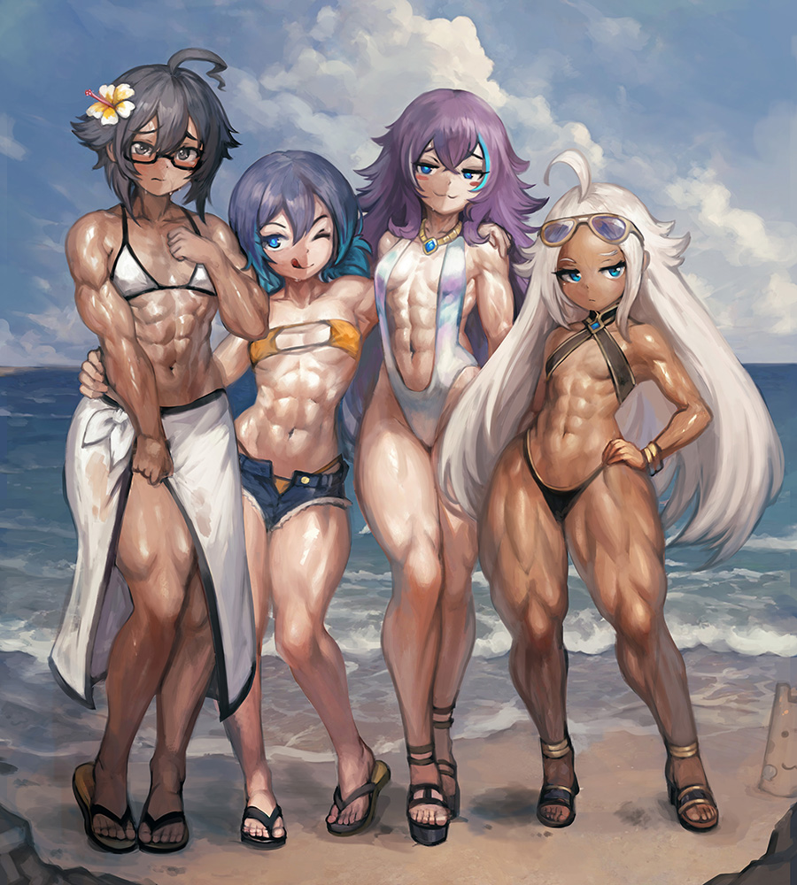 yilx, lemvette (yilx), original, 4girls, :3, :q, abs, ahoge, anklet, beach, bikini, black hair, blue eyes, blue hair, blush, blush stickers, bracelet, dark skin, flower, flower on head, glasses, grey eyes, group picture, hakuritta (yilx), high heel sandals, jewelry, long hair, multiple girls, muscular, muscular child, muscular female, ocean, one eye closed, purple eyes, purple hair, sand castle, sand sculpture, sandals, sarong, short hair, shy, smile, sunglasses, sweat, swimsuit, tan, thick thighs, thighs, tongue, tongue out, verika (yilx), waves, white hair, white sarong, yolette (yilx)