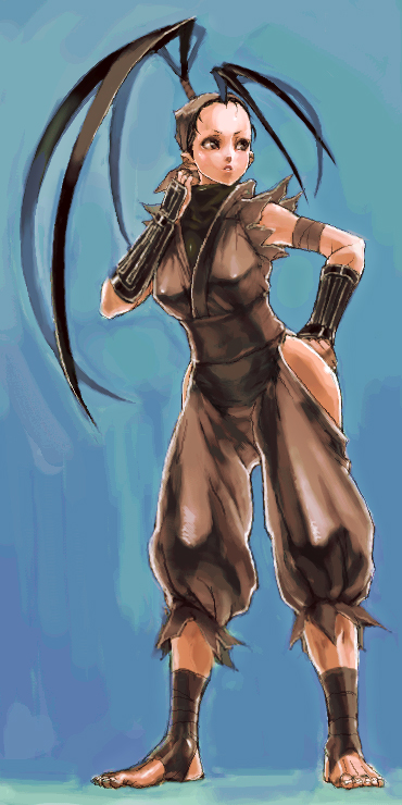 sochie, ibuki (street fighter), capcom, street fighter, street fighter iii (series), 1girl, ankle wrap, antenna hair, bare hips, barefoot, black hair, clothing cutout, feet, female focus, hand on own hip, hip focus, hip vent, long hair, ninja, ponytail, solo