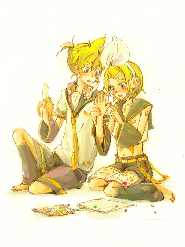 den, kagamine len, kagamine rin, vocaloid, 1boy, 1girl, :o, banana, black leg warmers, black sailor collar, blonde hair, blue eyes, blush, bow, bow headband, crop top, detached sleeves, food, fruit, hair ornament, hairclip, headphones, leg warmers, open mouth, palm reading, ponytail, puffy sleeves, sailor collar, short hair, short ponytail, shorts, sitting, sleeveless, yokozuwari