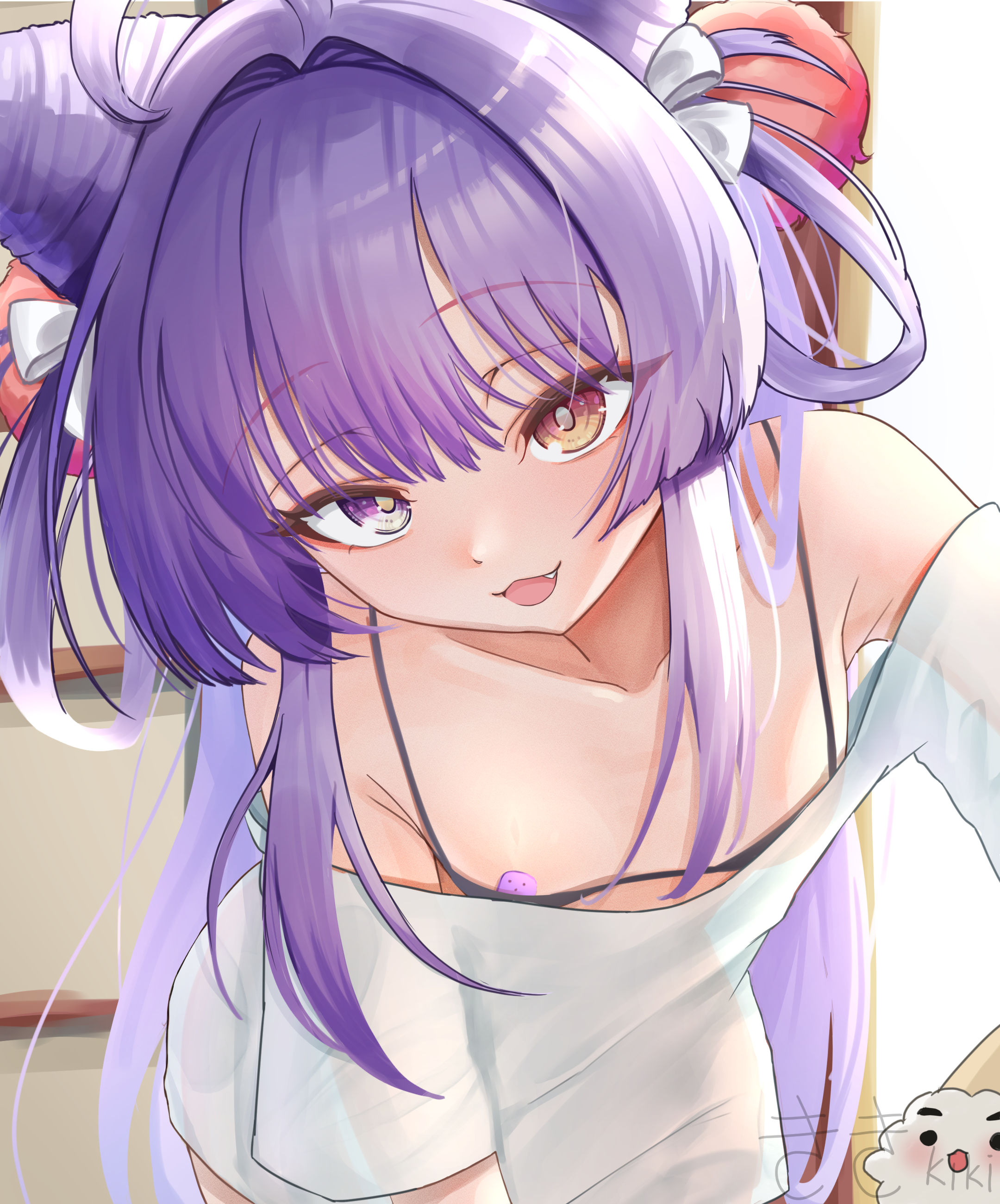kiki (akasaka0818), tenko shibuki, stellive, absurdres, commentary request, highres, korean commentary, 1girl, ahoge, bandaid, bandaids on nipples, breasts, brown eyes, heterochromia, long hair, looking at viewer, pasties, purple eyes, purple hair, small breasts, solo, virtual youtuber
