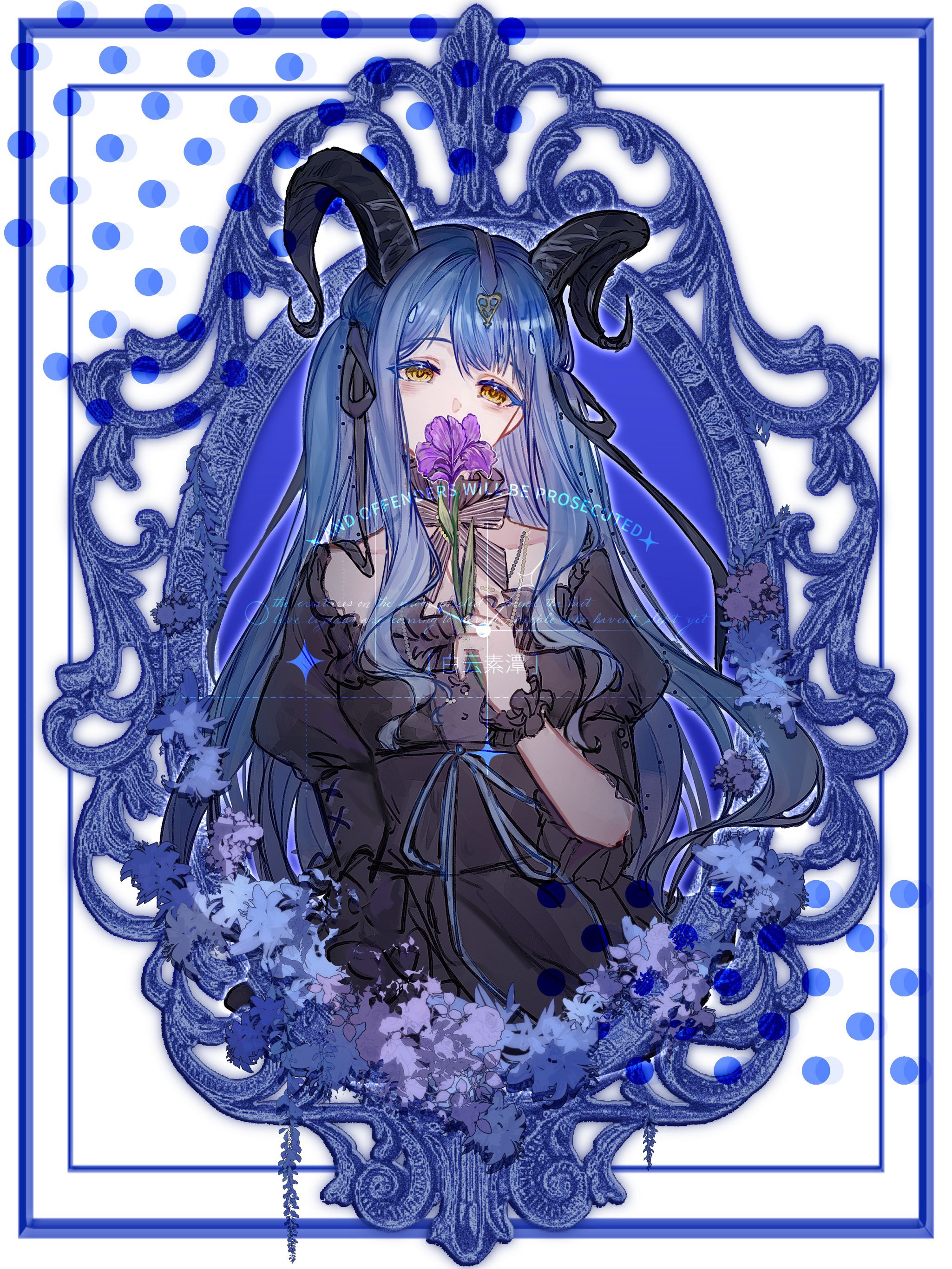 togawa sakiko, arknights, bang dream!, bang dream! it's mygo!!!!!, absurdres, chinese commentary, commentary request, highres, 1girl, baiyun (baiyunsutan), black dress, black horns, black ribbon, blue hair, cowboy shot, curled horns, detached collar, dress, flower, hair ribbon, hand up, holding, holding flower, horns, long hair, looking at viewer, mirror, official alternate costume, purple flower, ribbon, sample watermark, sidelocks, solo, standing, togawa sakiko (master of melodia), watermark, wrist cuffs, yellow eyes