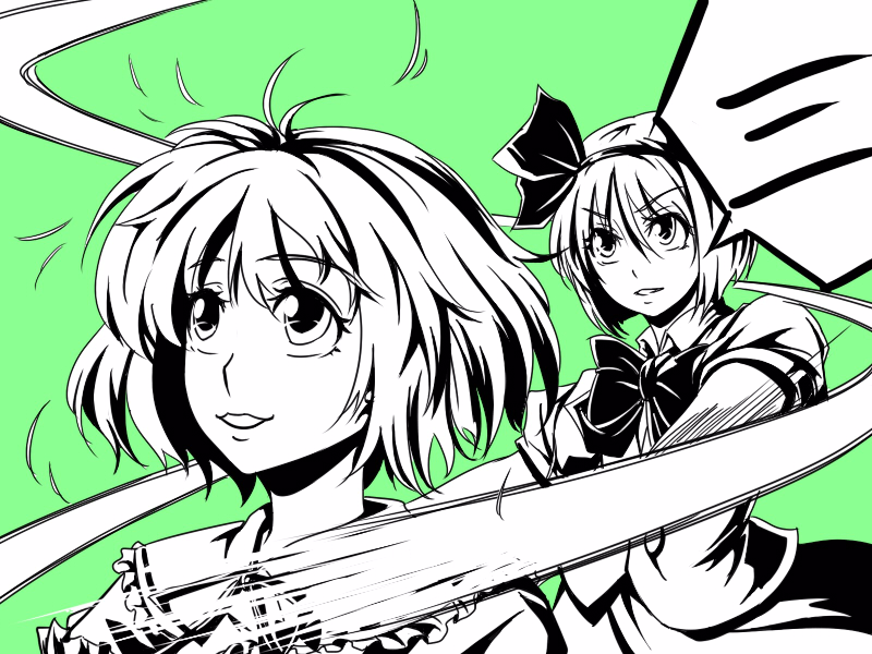 satori, satori (transient wind), konpaku youmu, saigyouji yuyuko, touhou, bad id, bad pixiv id, 2girls, antenna hair, bow, bowtie, collar, dress, female focus, green background, hairband, monochrome, multiple girls, short hair, simple background, speech bubble, spoken blush, upper body
