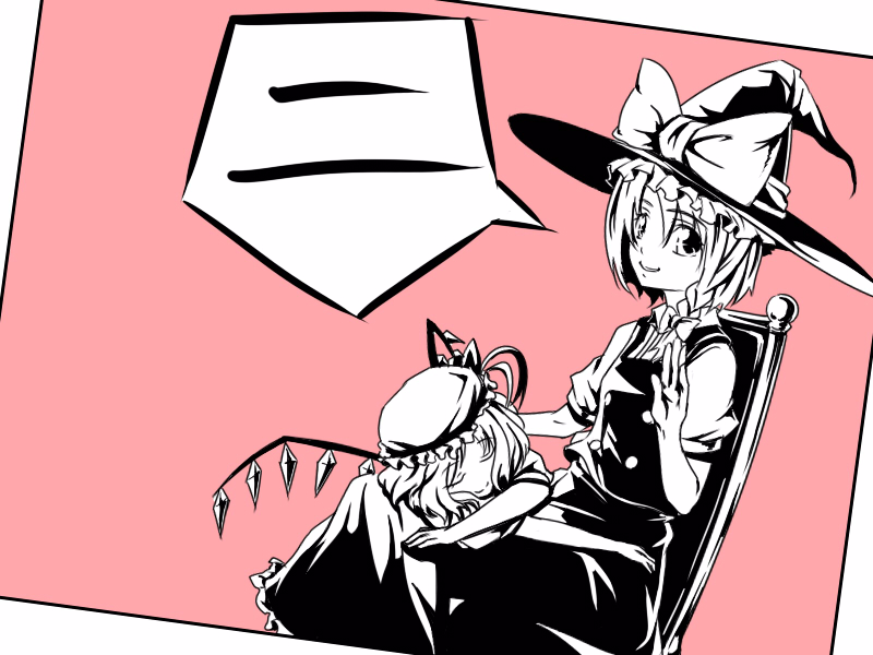 satori, satori (transient wind), flandre scarlet, kirisame marisa, touhou, bad id, bad pixiv id, 2girls, dress, female focus, hat, lap pillow, monochrome, multiple girls, pinafore dress, pink background, skirt, sleeveless dress