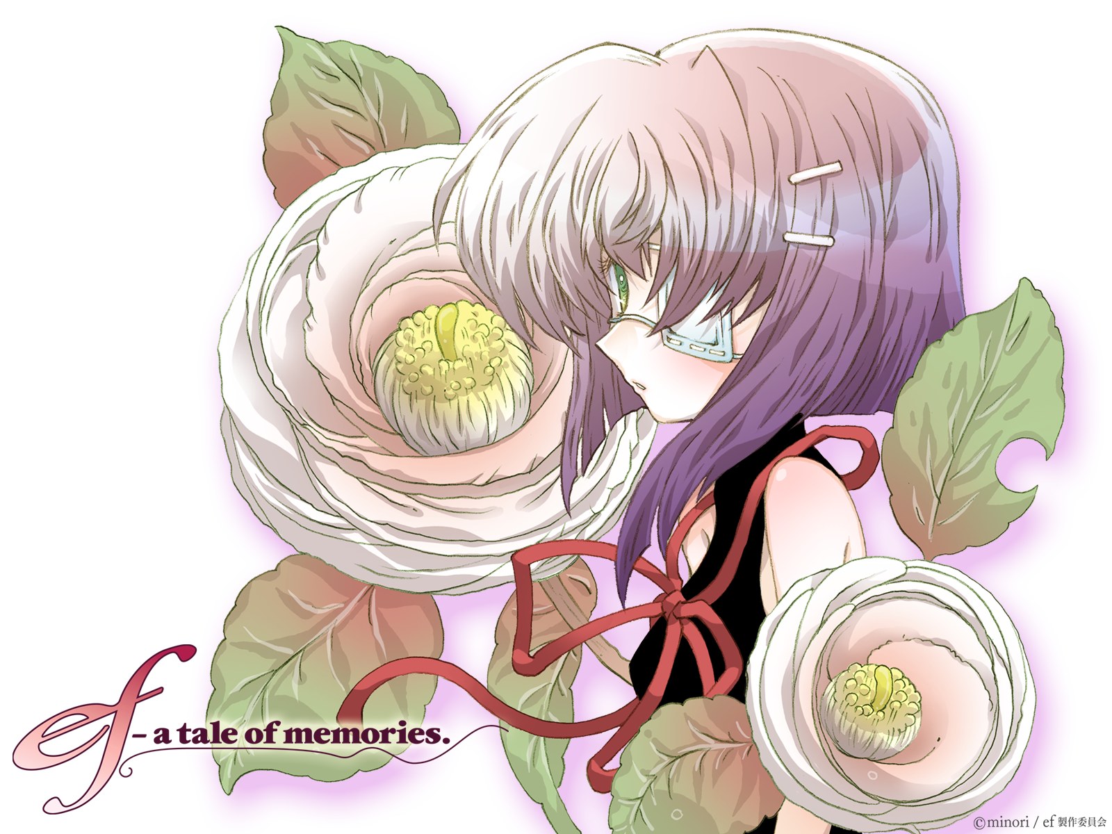 shindou chihiro, ef (visual novel), highres, 00s, 1girl, bare shoulders, blush, camellia, copyright name, eyepatch, female focus, flower, from side, green eyes, hair ornament, hairclip, purple hair, red ribbon, ribbon, short hair, solo, turtleneck, upper body