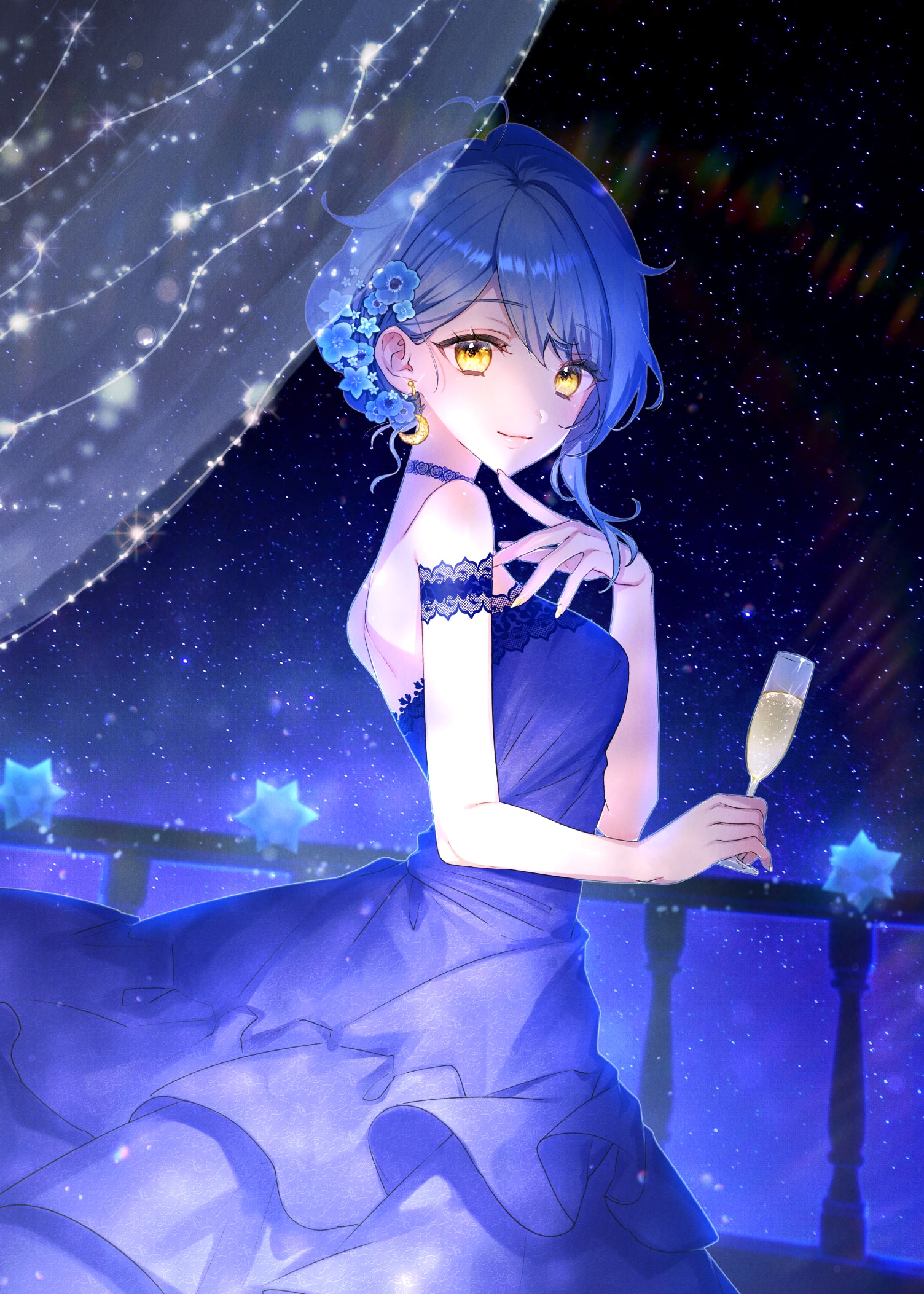 nogikawa, indie virtual youtuber, commentary request, highres, 1girl, alcohol, bare shoulders, blue dress, blue flower, blue hair, blue theme, champagne, choker, crescent, crescent earrings, cup, dress, earrings, flower, from side, hair flower, hair ornament, holding, holding cup, hoshimi madoka, jewelry, lace, lace choker, looking at viewer, night, sky, sleeveless, sleeveless dress, solo, star (sky), starry sky, virtual youtuber, yellow eyes
