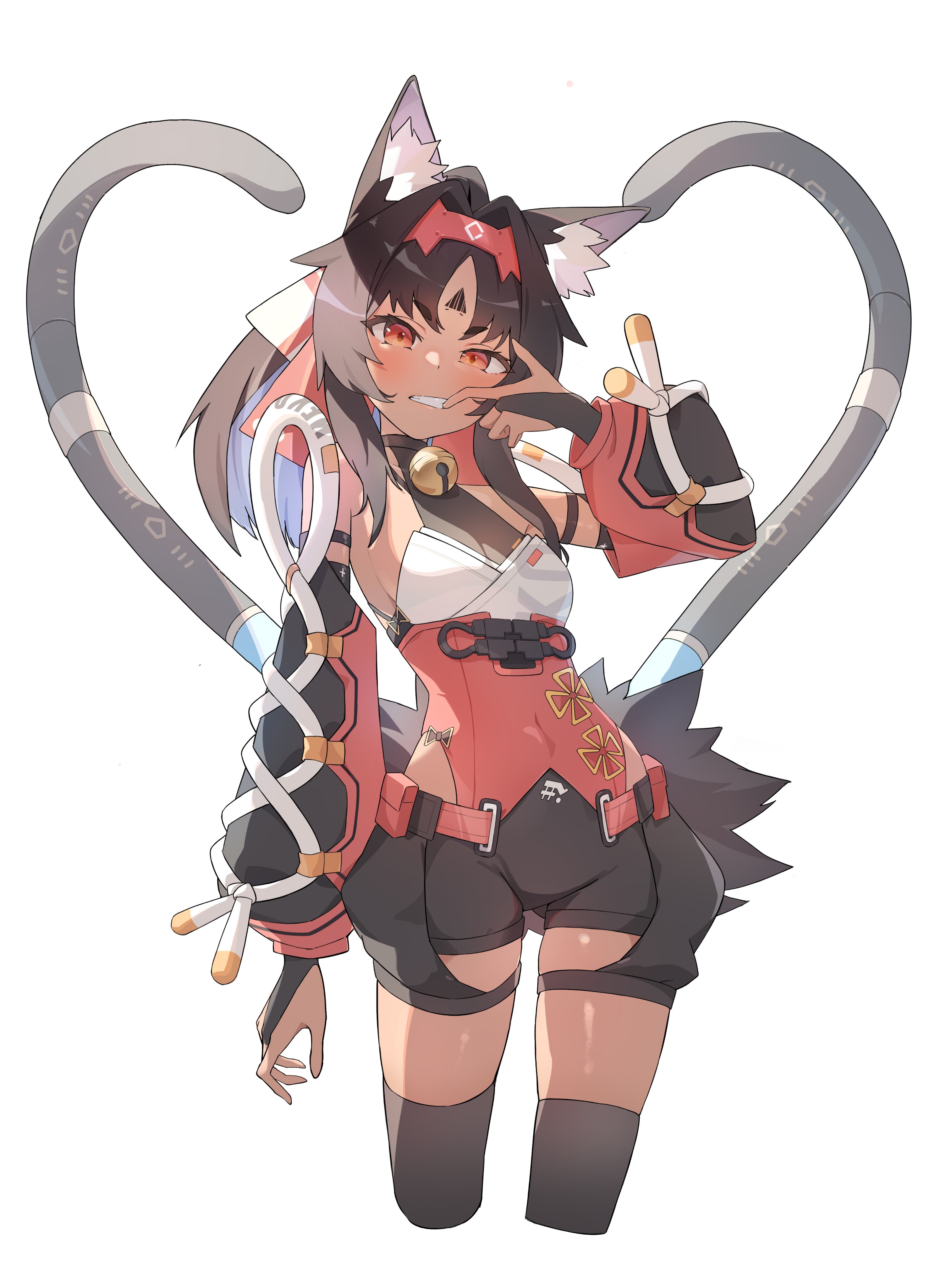 sh1on, nekomiya mana, zenless zone zero, absurdres, highres, 1girl, animal ear fluff, animal ears, bare shoulders, bell, belt, black gloves, black hair, black shorts, black thighhighs, blush, breasts, bridal gauntlets, cable, cable tail, cat ears, cat girl, cat tail, clenched teeth, clothing cutout, corset, detached sleeves, elbow gloves, facial mark, forehead mark, gloves, hair ribbon, hairband, high heels, hip vent, jingle bell, looking at viewer, mechanical tail, medium breasts, multiple tails, neck bell, orange eyes, orange hairband, orange ribbon, orange sleeves, outstretched arm, ponytail, puffy shorts, ribbon, shirt, short hair, short shorts, shorts, sidelocks, simple background, sleeveless, sleeveless shirt, solo, standing, tail, teeth, thick eyebrows, thighhighs, thighs, two tails, white background