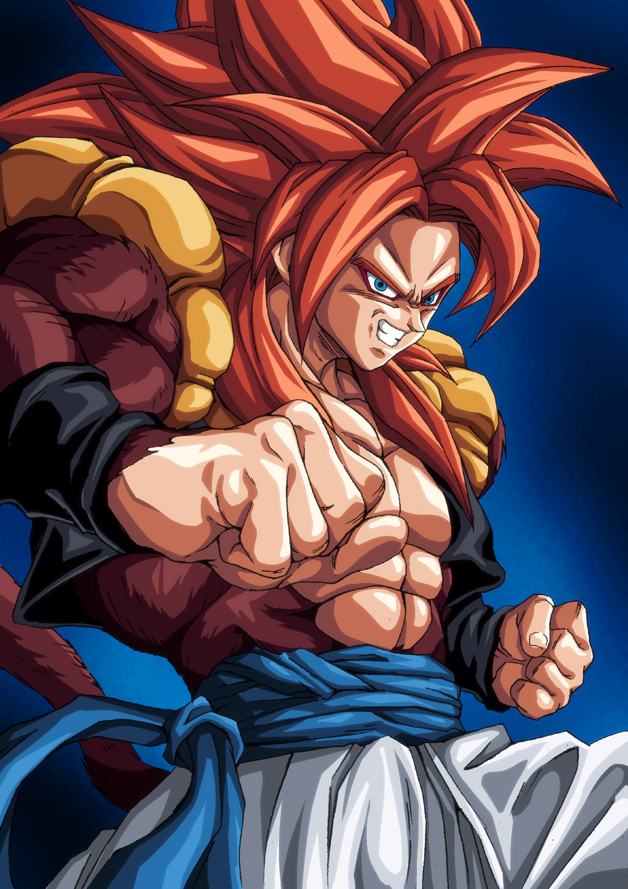 muma maximum76, gogeta, dragon ball, dragon ball gt, absurdres, highres, 1boy, blue eyes, blue sash, body fur, long hair, looking at viewer, male focus, metamoran vest, monkey boy, monkey tail, muscular, muscular male, open mouth, pants, pectorals, red fur, red hair, saiyan, sash, simple background, smile, solo, spiked hair, super saiyan, super saiyan 4, tail, white pants