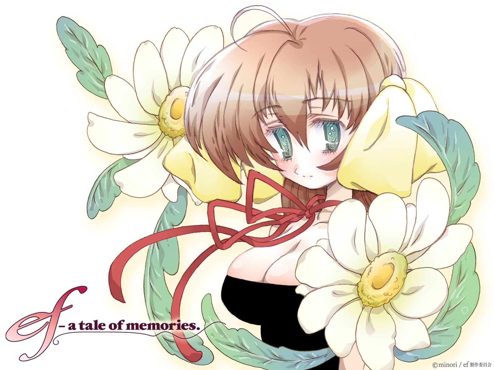 miyamura miyako, ef (visual novel), highres, 00s, 1girl, blush, breasts, brown hair, cleavage, female focus, flower, green eyes, large breasts, ribbon, solo