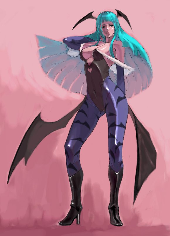 sochie, morrigan aensland, capcom, darkstalkers, 1girl, animal print, aqua hair, bat print, boots, breasts, cleavage, demon girl, elbow gloves, female focus, gloves, head wings, high heels, large breasts, long hair, pantyhose, print pantyhose, shoes, solo, vampire, wings