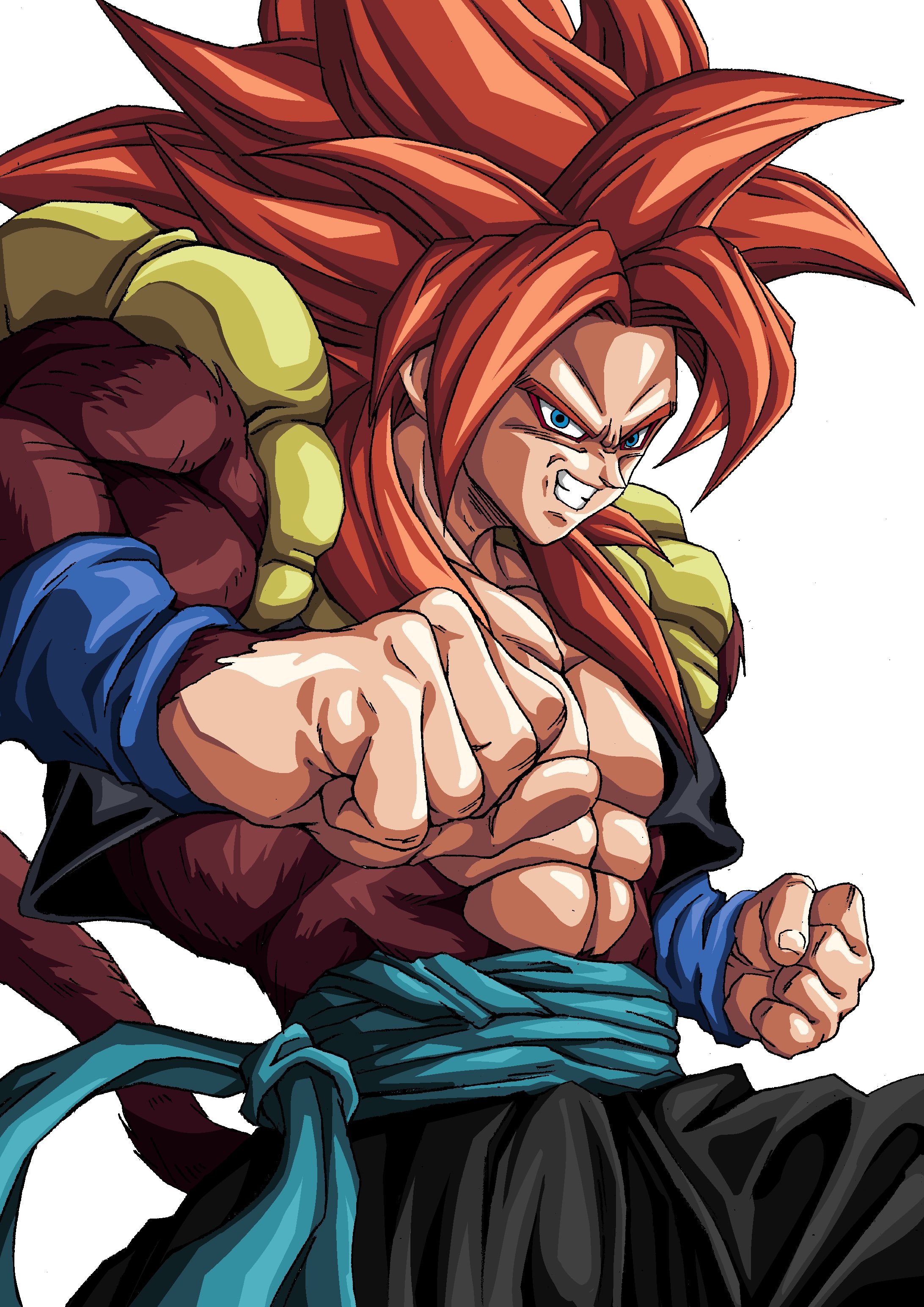 muma maximum76, gogeta, gogeta (xeno), dragon ball, dragon ball gt, absurdres, highres, 1boy, blue eyes, blue sash, body fur, long hair, looking at viewer, male focus, metamoran vest, monkey boy, monkey tail, muscular, muscular male, open mouth, pants, pectorals, red fur, red hair, saiyan, sash, simple background, smile, solo, spiked hair, super saiyan, super saiyan 4, tail, white pants