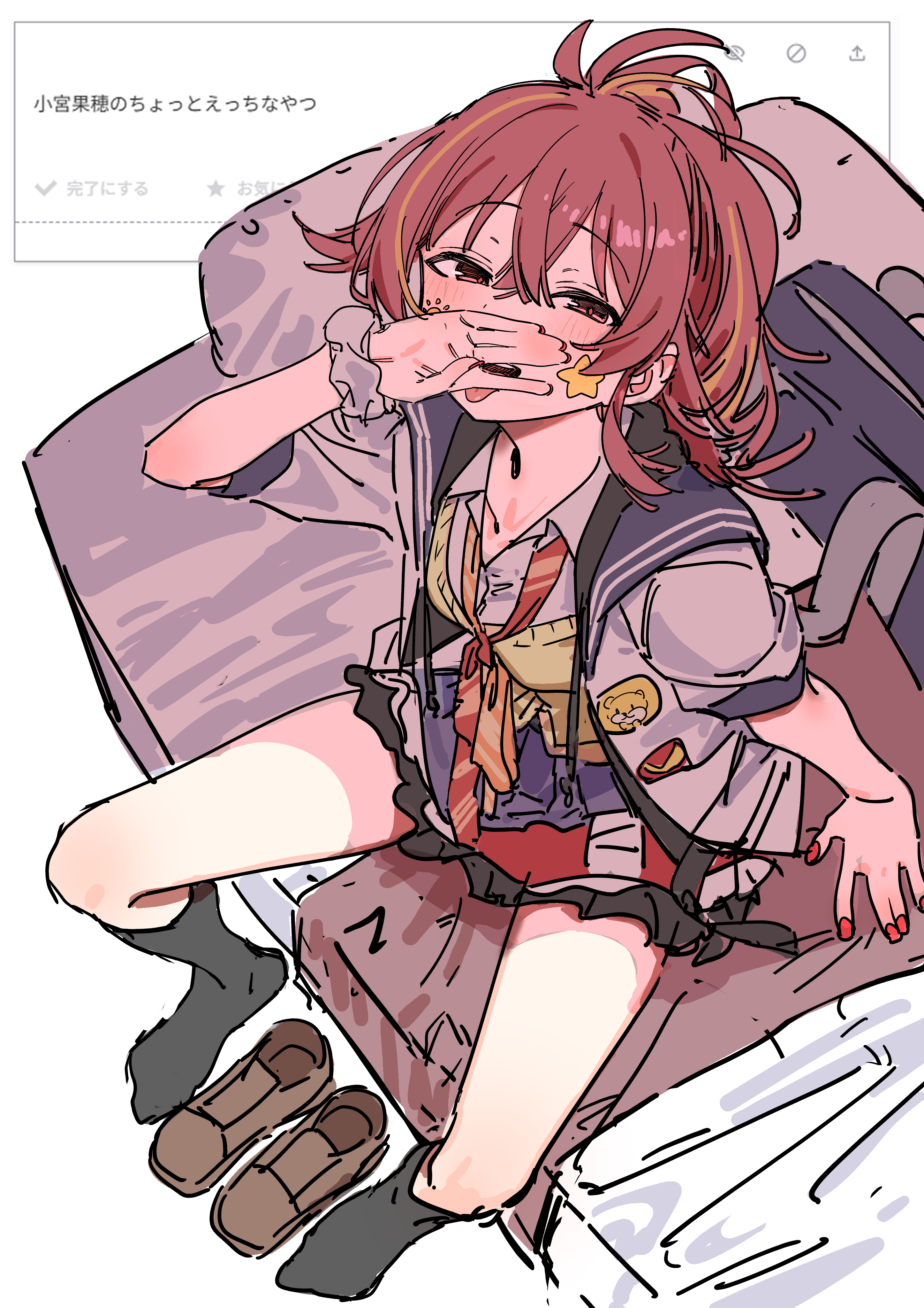 haruyuki (gffewuoutgblubh), komiya kaho, idolmaster, idolmaster shiny colors, odaibako, absurdres, highres, 1girl, crossed bangs, hair between eyes, multicolored hair, nail polish, red eyes, red hair, simple background, sketch, streaked hair, tongue, tongue out, white background