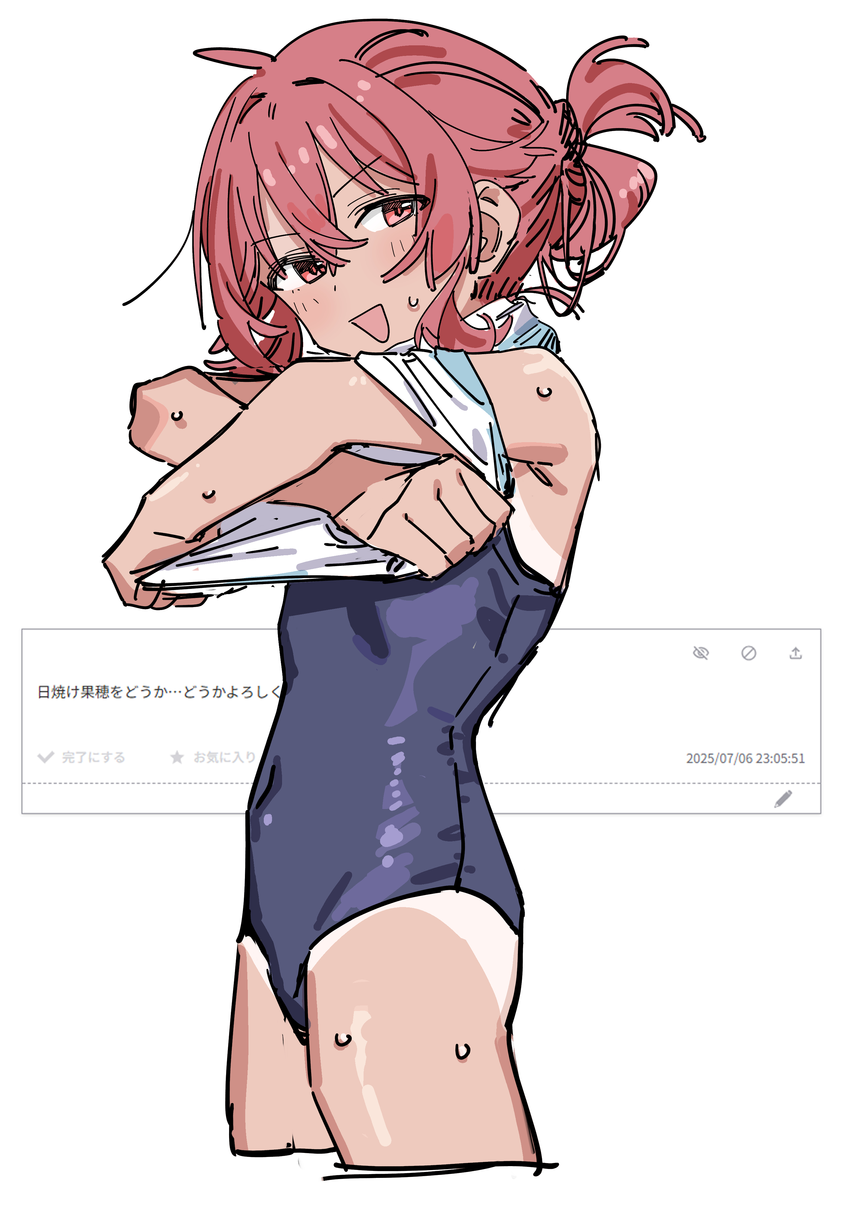 haruyuki (gffewuoutgblubh), komiya kaho, idolmaster, idolmaster shiny colors, odaibako, absurdres, highres, 1girl, crossed bangs, hair between eyes, one-piece swimsuit, red eyes, red hair, simple background, sketch, sweat, swimsuit, tan, tanline, white background