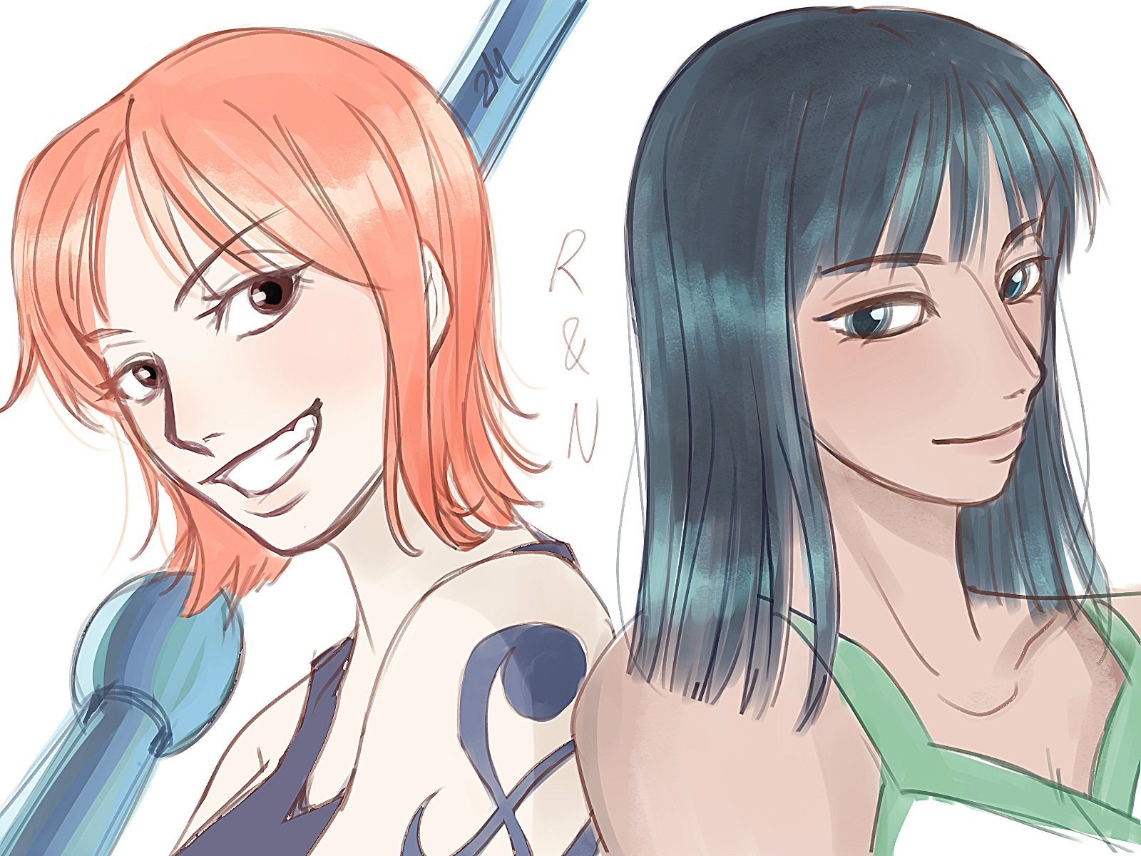 27930529, nami (one piece), nico robin, one piece, commentary request, highres, korean commentary, 2girls, arm tattoo, black hair, blue eyes, holding, holding staff, looking at viewer, medium hair, multiple girls, orange hair, short hair, simple background, smile, staff, tattoo, upper body, white background