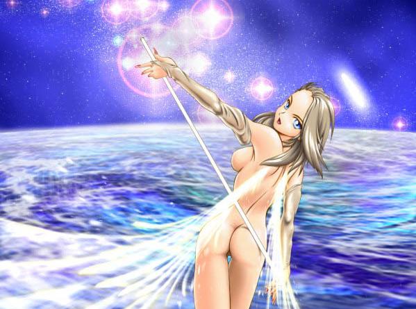 1girl, angel, ass, back, blonde hair, blue eyes, breasts, brown hair, cowboy shot, female focus, fingernails, lipstick, makeup, milky way, nude, pussy, sharp fingernails, short hair, solo, space, star (sky), uncensored, wings