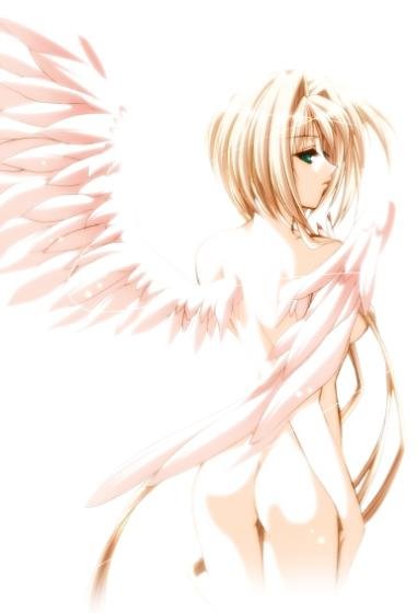 1girl, angel, angel wings, ass, blonde hair, completely nude, convenient censoring, female focus, from behind, green eyes, nude, short hair, solo, white background, wings