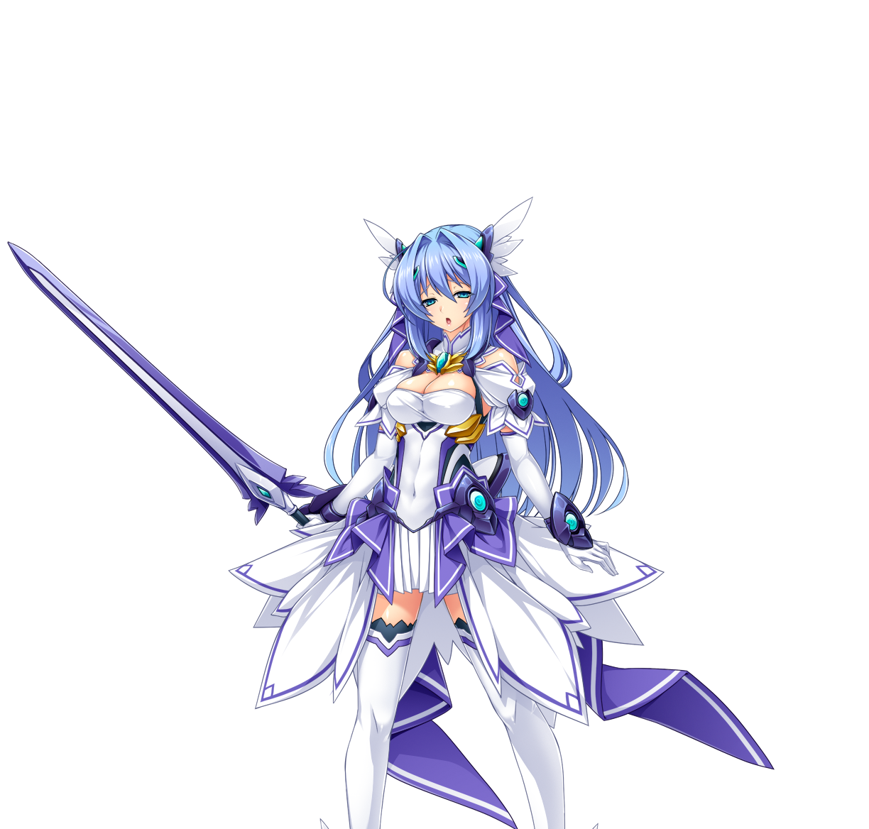 inoino, katsuragi marina, kouyoku senki exs-tia, game cg, large variant set, non-web source, official art, variant set, 1girl, :o, bare shoulders, blue eyes, blue hair, breasts, celestia (exs-tia), chest jewel, cleavage, covered navel, dress, elbow gloves, gloves, hair intakes, hair ornament, head wings, holding, holding sword, holding weapon, large breasts, long hair, looking at viewer, open mouth, solo, standing, sword, thighhighs, transparent background, weapon, white gloves, white thighhighs, wings, zettai ryouiki