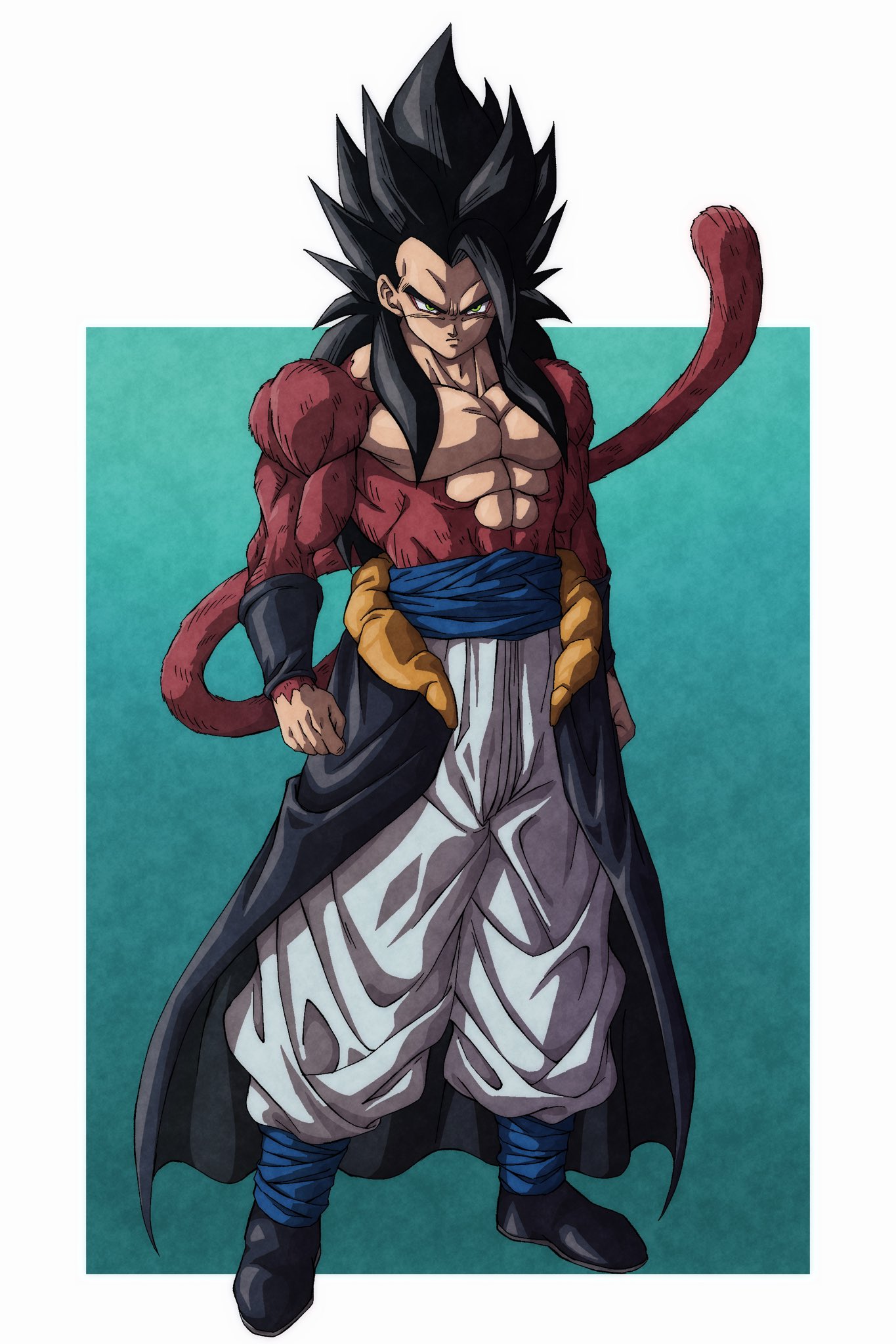 muma maximum76, gogeta, dragon ball, dragon ball gt, highres, 1boy, abs, black hair, blue eyes, blue sash, body fur, long hair, looking at viewer, male focus, metamoran vest, monkey boy, monkey tail, muscular, muscular male, pants, pectorals, red fur, saiyan, sash, simple background, solo, spiked hair, super saiyan, super saiyan 4, tail, white pants