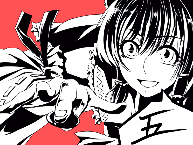 satori, satori (transient wind), hakurei reimu, touhou, annotated, bad id, bad pixiv id, translated, 1girl, :d, board game, close-up, detached sleeves, female focus, fingernails, foreshortening, go (board game), hair tubes, japanese clothes, miko, monochrome, open mouth, red background, sidelocks, simple background, smile, solo, upper body