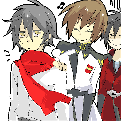 kira yamato, setsuna f. seiei, shinn asuka, gundam, gundam 00, gundam seed, gundam seed destiny, lowres, 00s, 3boys, belt, brown hair, crossover, grey hair, in-franchise crossover, male focus, military, military uniform, multiple boys, musical note, oekaki, scarf, short hair, smile, yellow eyes