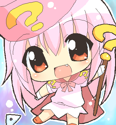 hahifuhe, hatena yousei, benesse, lowres, 1girl, :d, ?, blush, boots, cape, chibi, fang, female focus, gloves, hat, long hair, oekaki, open mouth, pink hair, pink hat, red boots, red eyes, smile, solo, staff