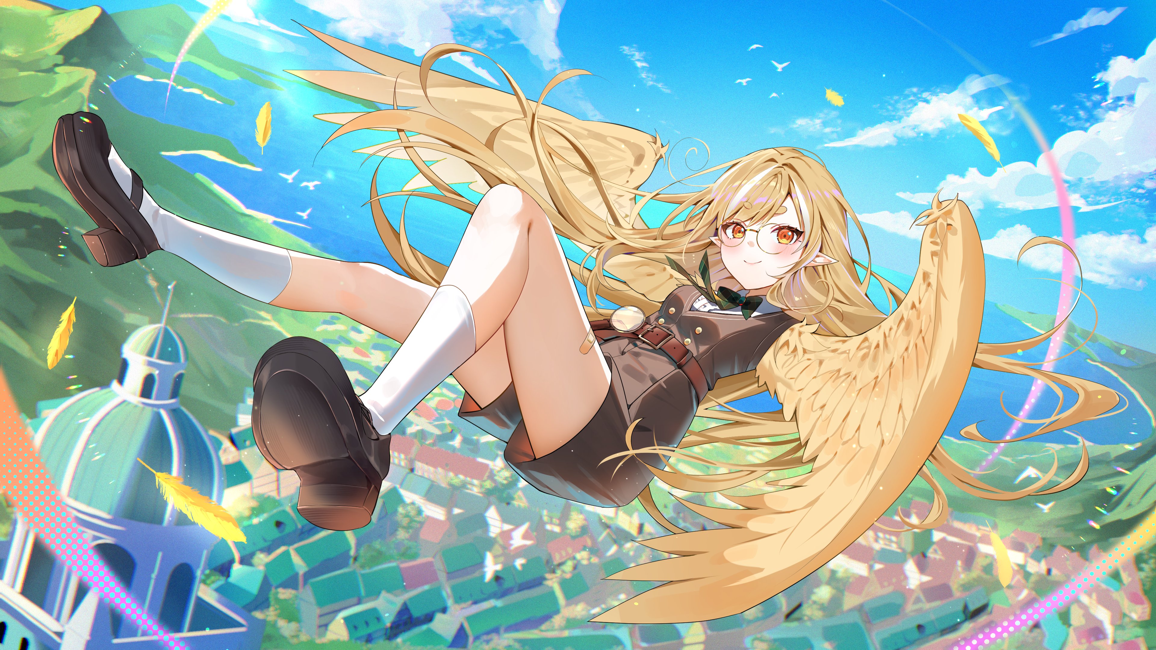 azna, kanna yanagi, absurdres, highres, second-party source, 1girl, bandaid, bandaid on leg, belt, black shoes, blonde hair, bow, bowtie, brown belt, closed mouth, cloud, falling feathers, feathered wings, feathers, flying, glasses, glitch stars, green bow, green bowtie, harpy, kanna yanagi (harpy), long hair, monster girl, multicolored hair, pointy ears, round eyewear, shirt, shoes, sky, smile, socks, solo, streaked hair, white hair, white shirt, white socks, wings, yellow eyes, yellow feathers