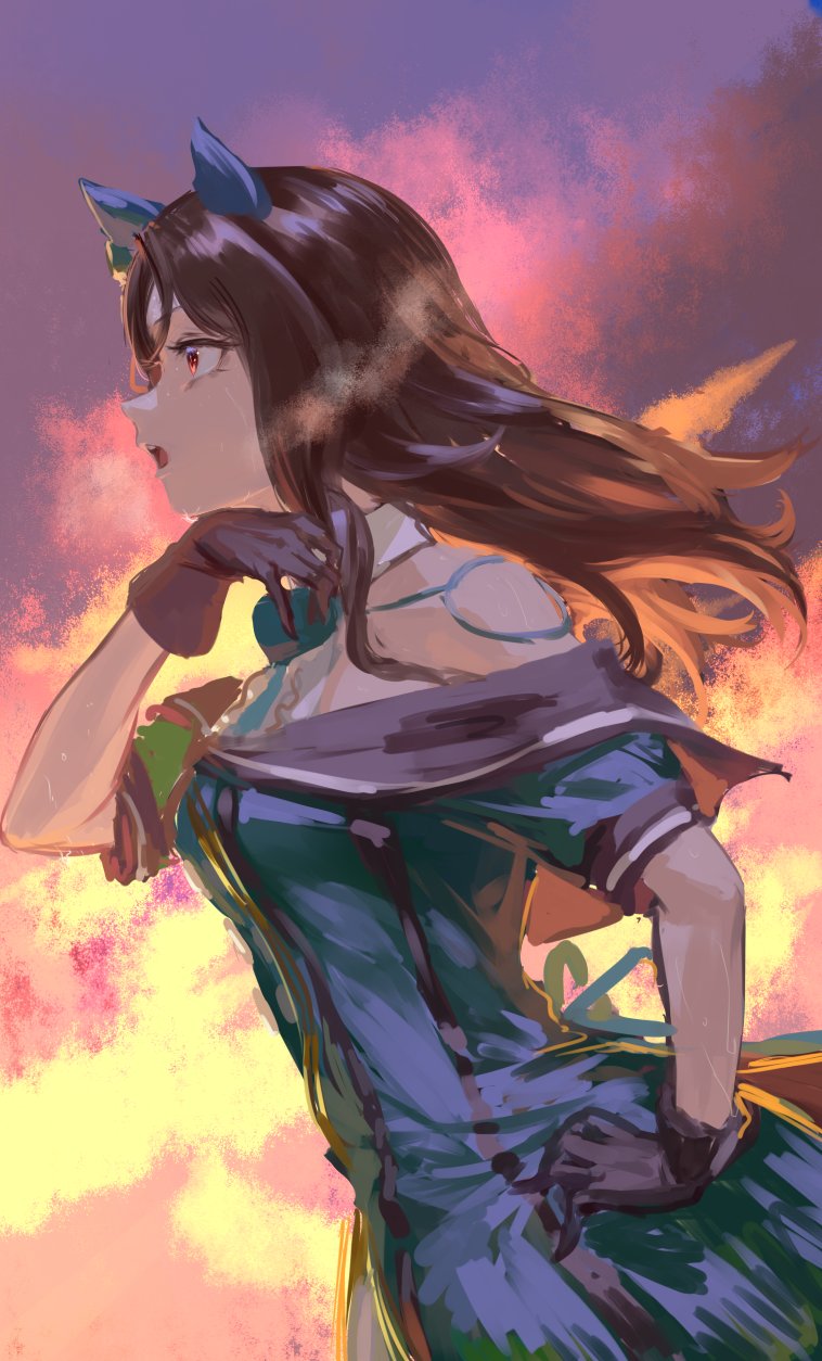 inishie kumo, king halo (umamusume), umamusume, highres, 1girl, animal ears, bare shoulders, bow, breasts, brown hair, crying, dress, ear bow, ear covers, ear ribbon, gloves, green bow, green dress, horse ears, horse girl, horse tail, king halo (king of emeralds) (umamusume), long hair, open mouth, outdoors, pink sky, red eyes, sky, solo, sweat, sweatdrop, tail, upper body